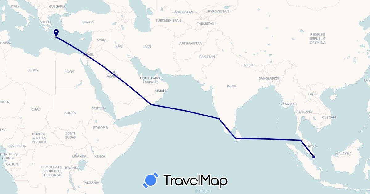 TravelMap itinerary: driving in Greece, India, Sri Lanka, Malaysia, Oman, Singapore (Asia, Europe)